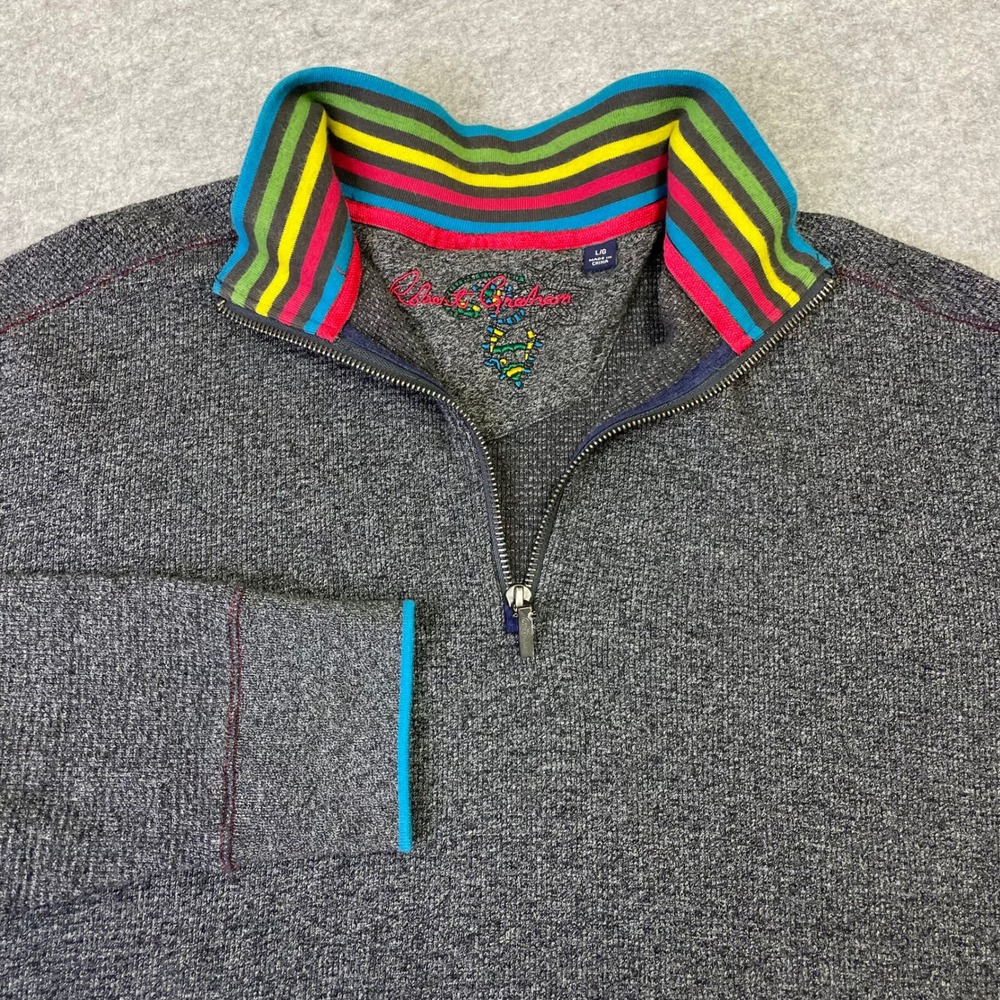 Robert Graham Mens Grey Waffle Knit Quarter Zip Pullover Sweater Large Stripe
